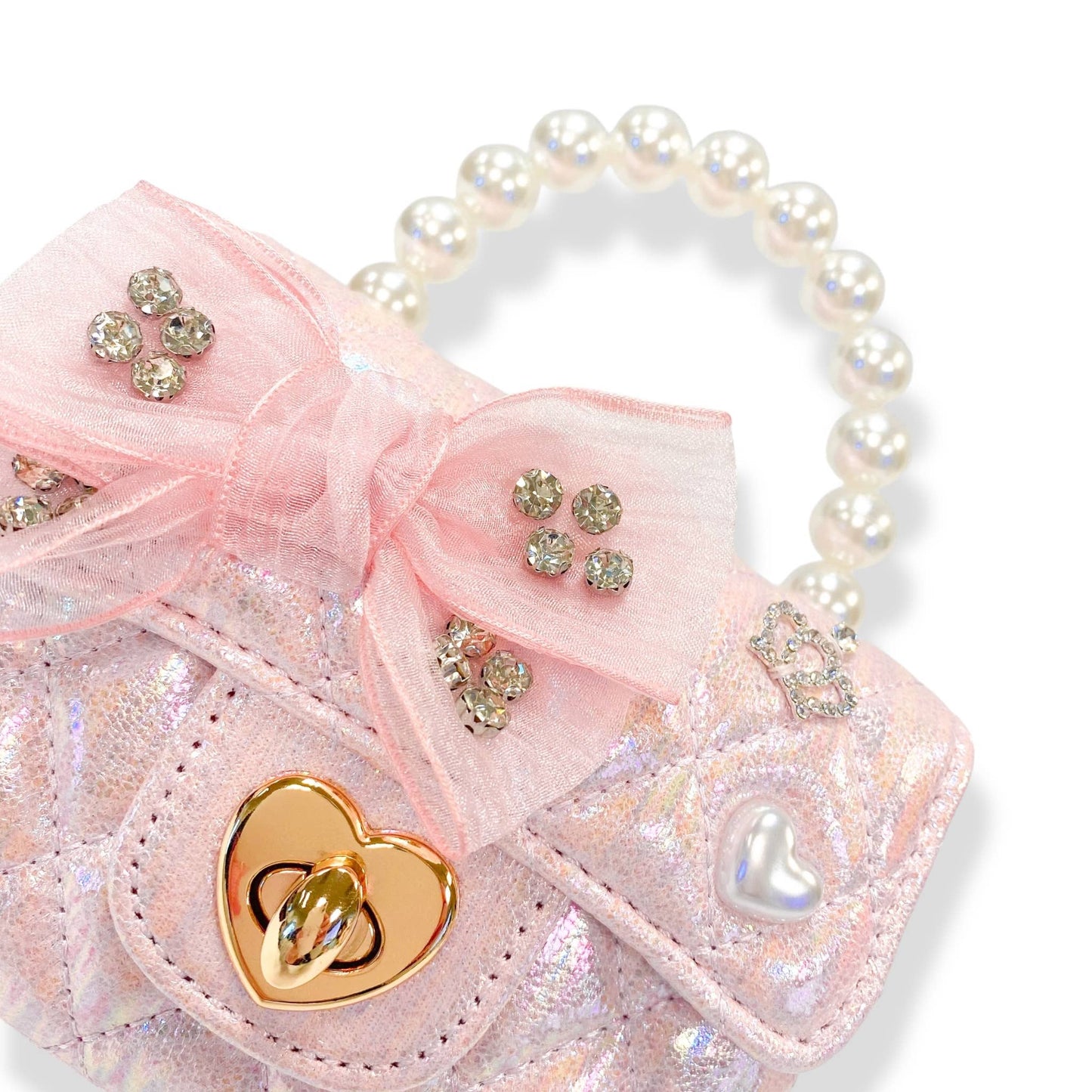 Embellished Bow Shiny Quilted Purse: Pink