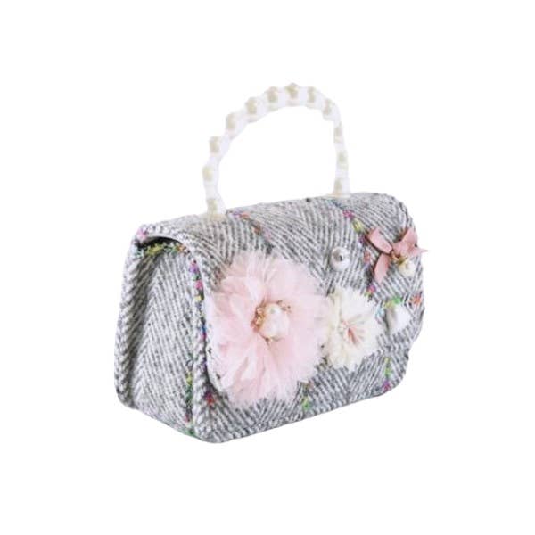 Floral Appliques Tweed Purse: Grey