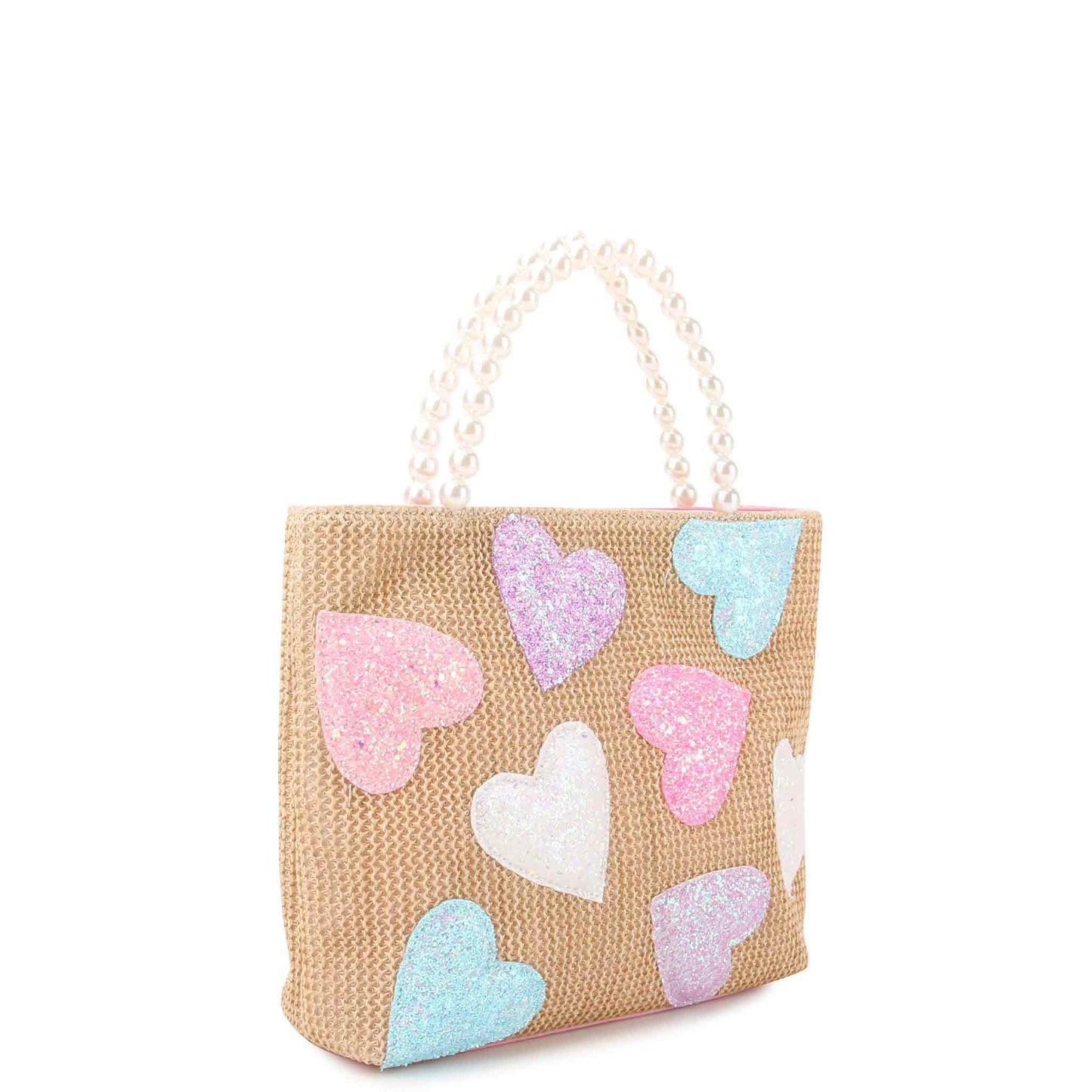 Heart-Patched Straw Mini Tote Bag with Pearl Handles