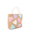 Heart-Patched Straw Mini Tote Bag with Pearl Handles