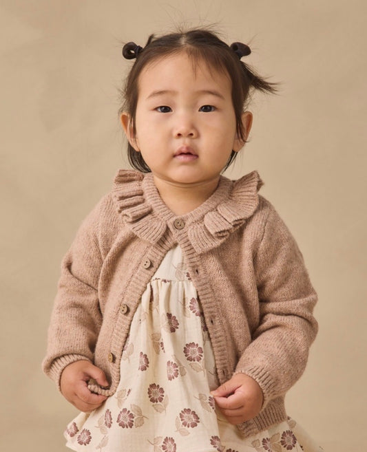 RUFFLE COLLAR CARDIGAN HEATHERED ALMOND