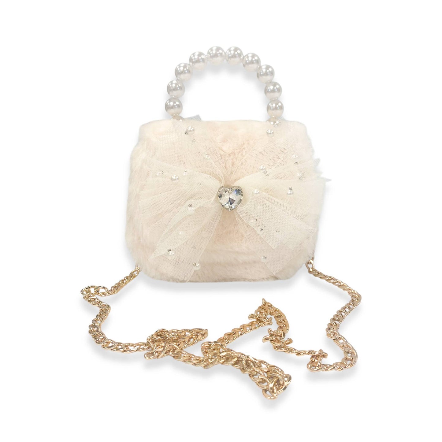 Mesh Bow Furry Purse Beige