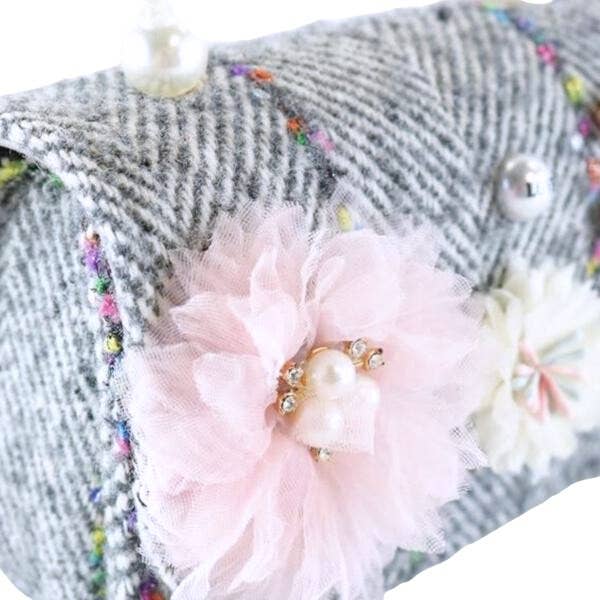 Floral Appliques Tweed Purse: Grey