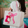 Coquette Bow Pink Sequin Canvas Tote Bag: Beige Canvas