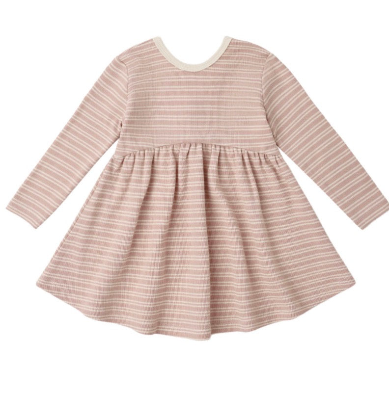 RIBBED LONG SLEEVE DRESS DUSTY ROSE MICROSTRIPE