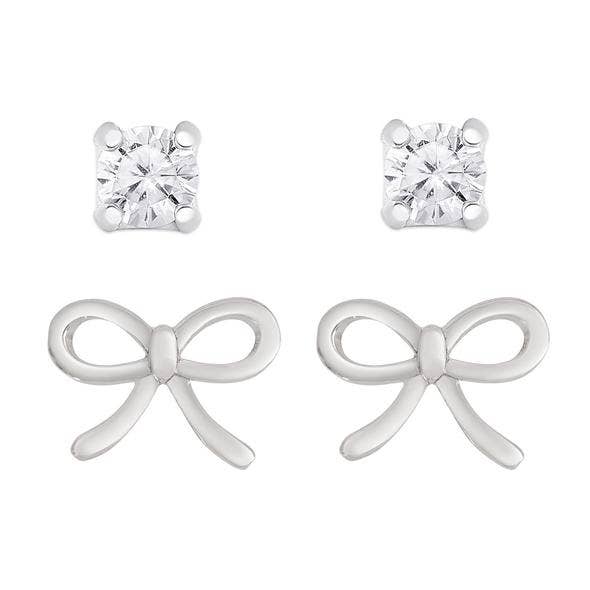 Bow And CZ Stud Set In Sterling Silver