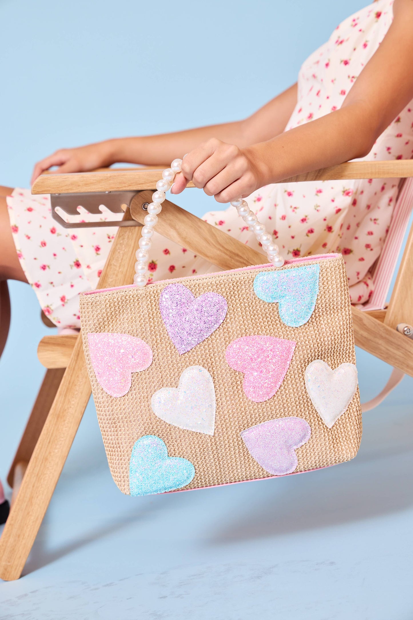 Heart-Patched Straw Mini Tote Bag with Pearl Handles