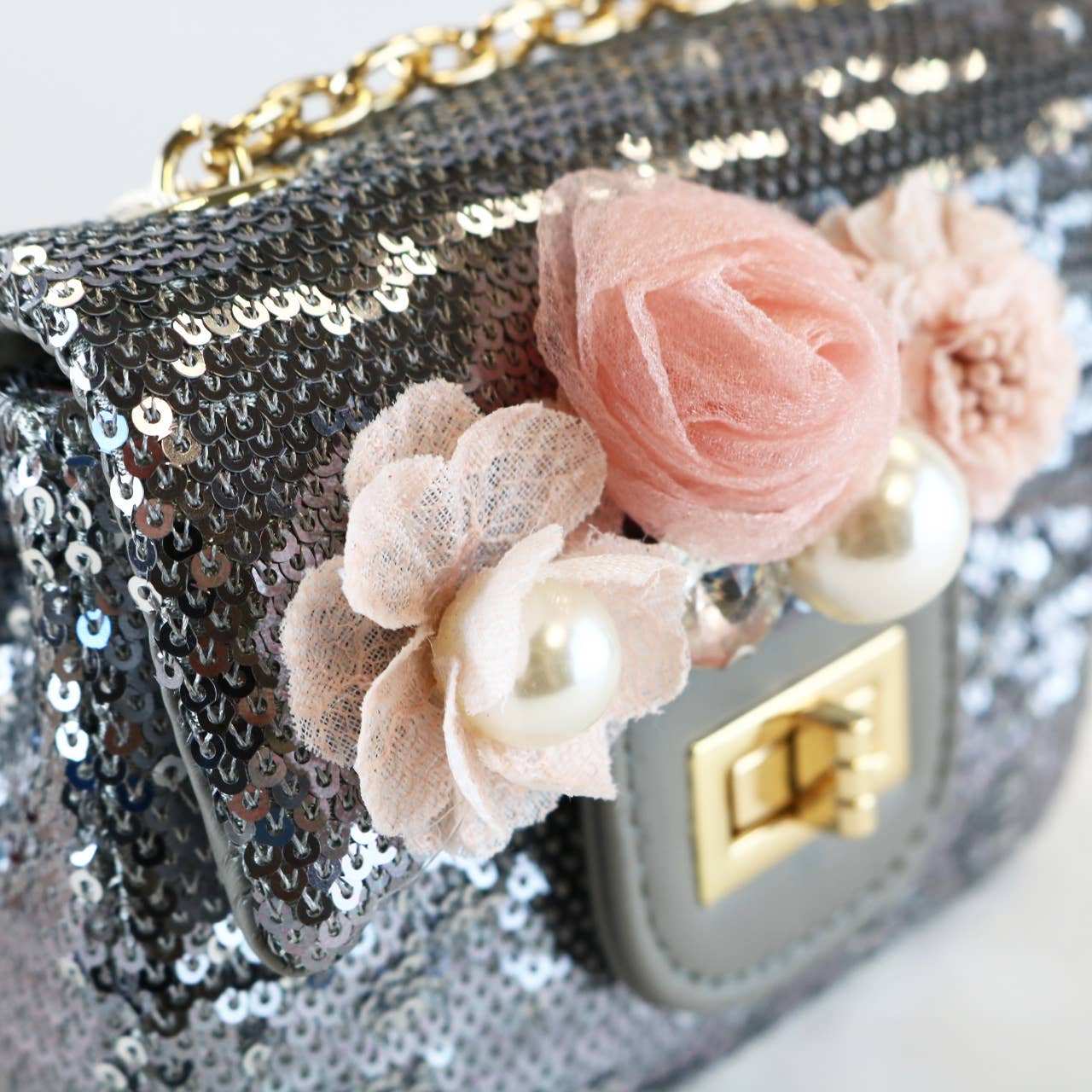 Floral Appliques Sequin Purse Silver