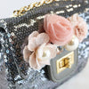 Floral Appliques Sequin Purse Silver