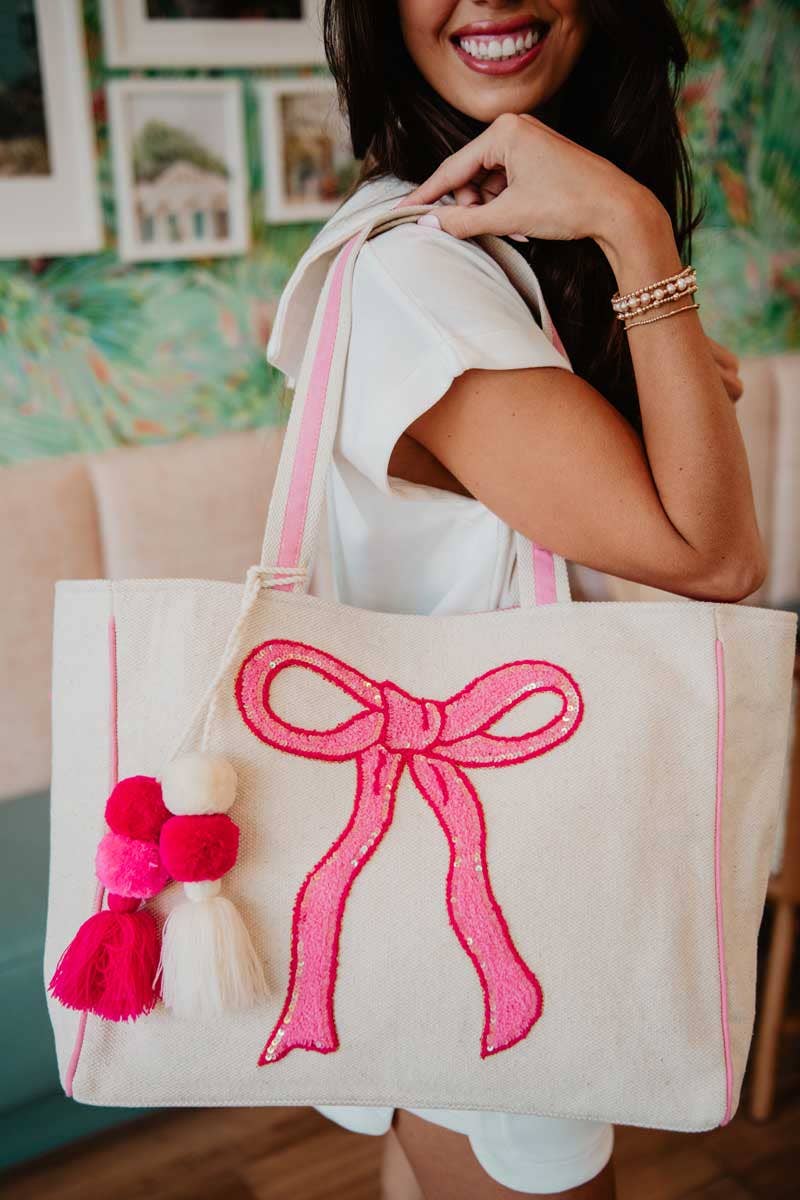 Coquette Bow Pink Sequin Canvas Tote Bag: Beige Canvas