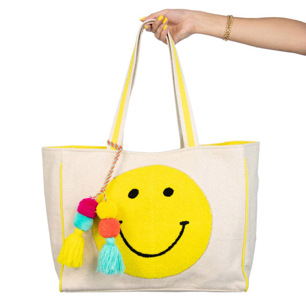 Happy Face Chenille Patch Canvas Big Tote Bags: Beige Canvas