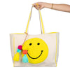Happy Face Chenille Patch Canvas Big Tote Bags: Beige Canvas