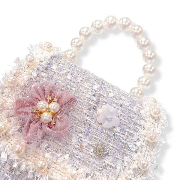 Floral Decor Tweed Purse: Beige