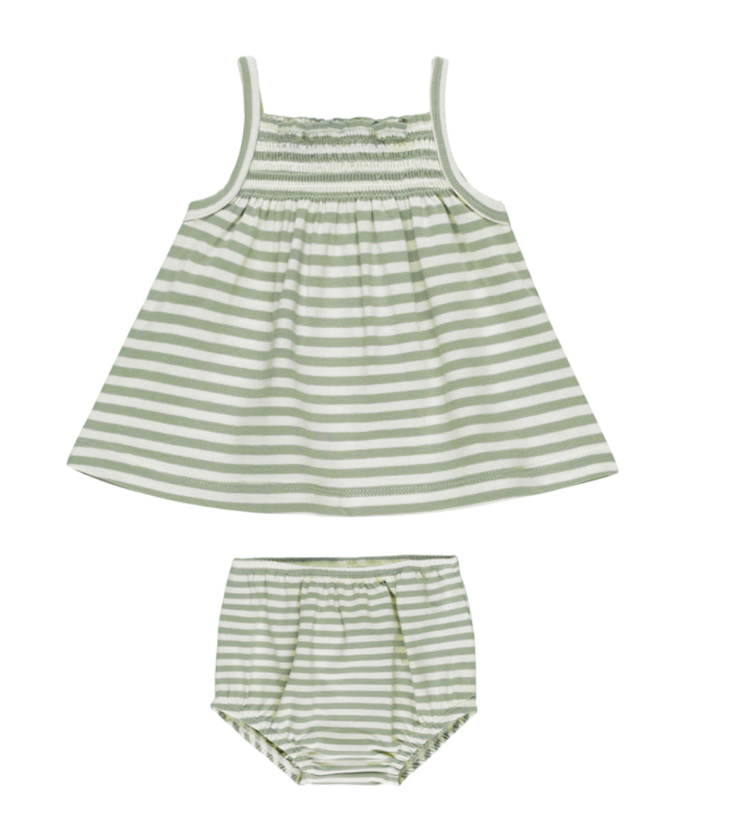 SMOCKED TANK + BLOOMER SET|| SAGE STRIPE