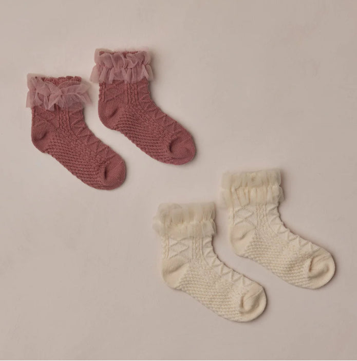 Ruffle Socks | Ivory, Raspberry