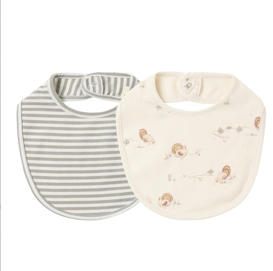 JERSEY SNAP BIB, 2 PACK LAUREL STRIPE, TURKEY