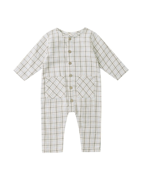 BLUE PLAID POCKETED WOVEN JUMPSUIT