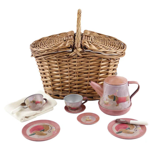Tin Tea Set In a Wicker Case -Musical Dog
