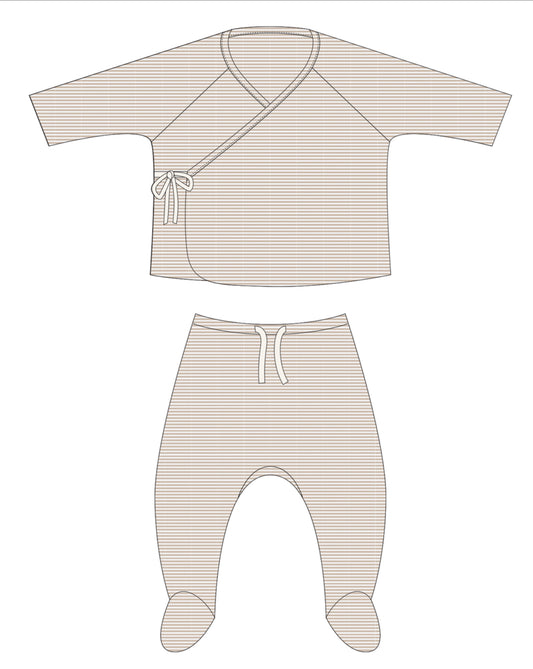WRAP TOP + FOOTED PANT SET OAT MICRO STRIPE