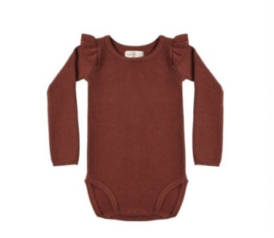 SHOULDER RUFFLE BODYSUIT BRICK