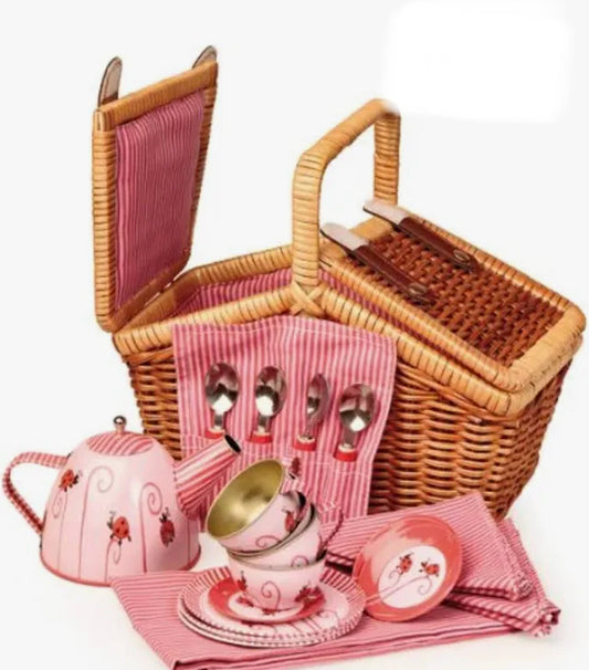 Tin Tea Set In a Wicker Case - Ladybug