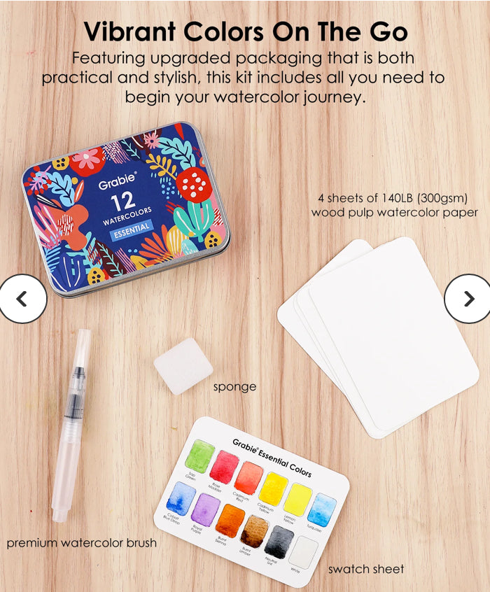 Watercolor Pocket Set Of 12 With Brush - Essential Colors