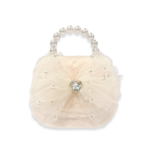 Mesh Bow Furry Purse Beige