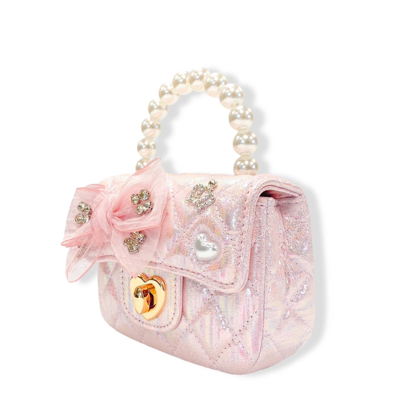 Embellished Bow Shiny Quilted Purse: Pink