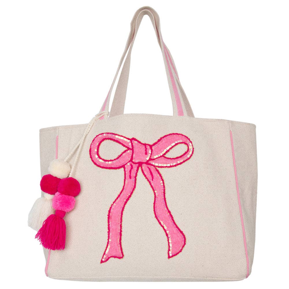 Coquette Bow Pink Sequin Canvas Tote Bag: Beige Canvas