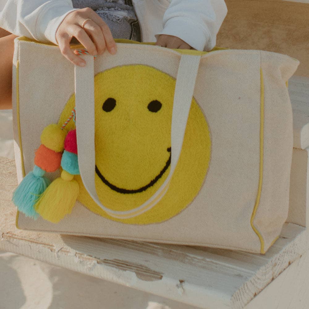 Happy Face Chenille Patch Canvas Big Tote Bags: Beige Canvas