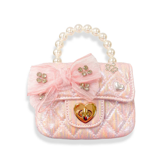 Embellished Bow Shiny Quilted Purse: Pink
