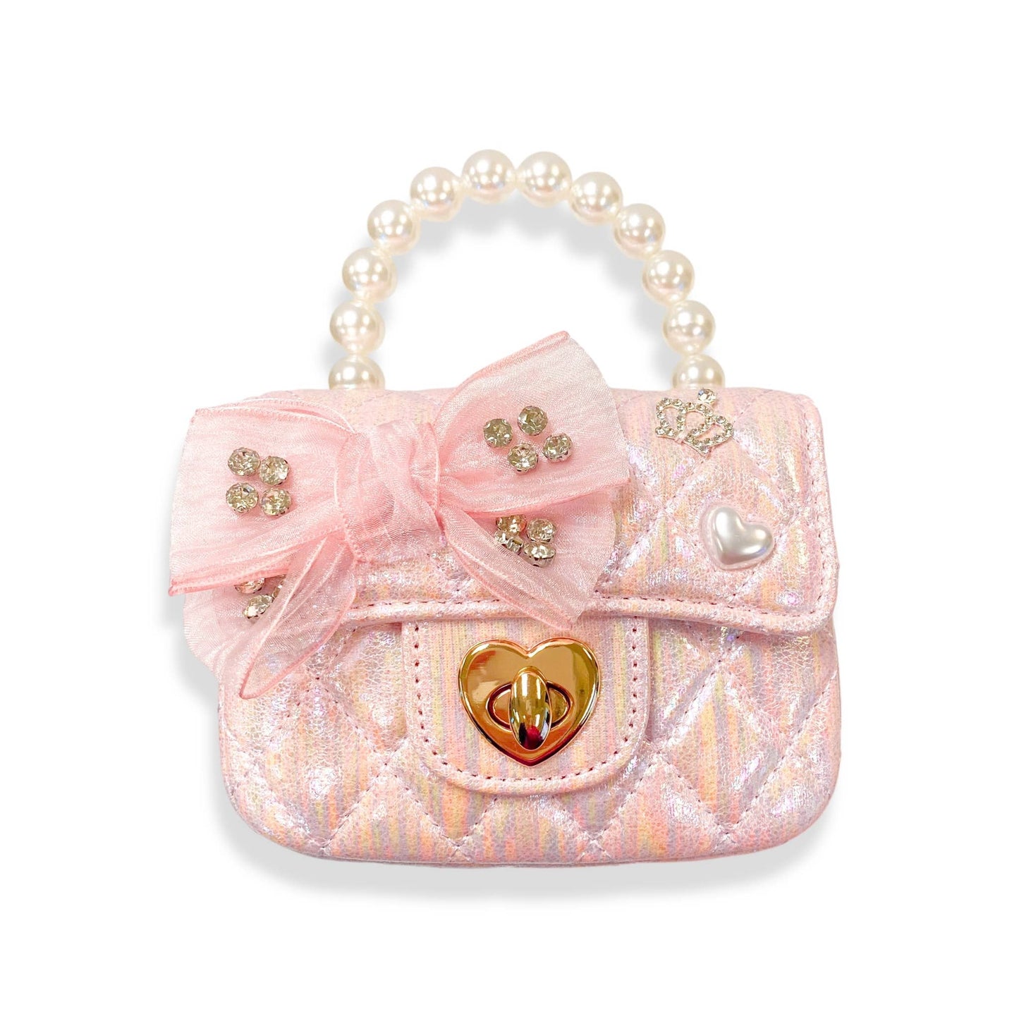 Embellished Bow Shiny Quilted Purse: Pink