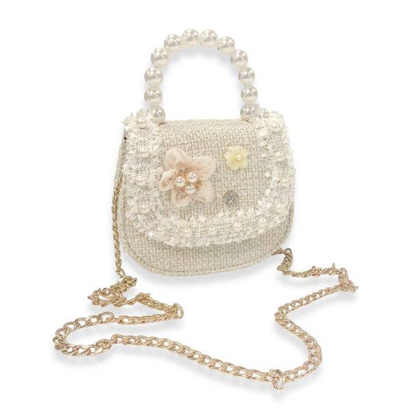 Floral Decor Tweed Purse: Beige