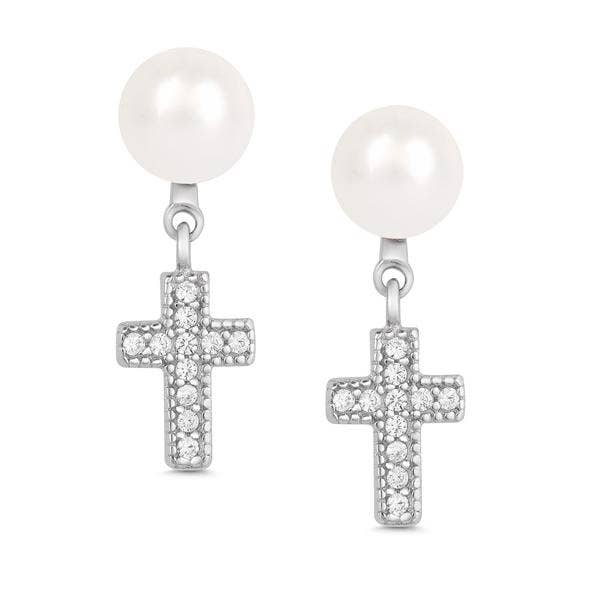Freshwater Pearl CZ Cross Dangle Earrings - Sterling Silver - Einstein's Attic