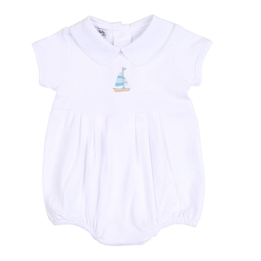 Tiny Sailboat Blue Emb Collared Boy Bubble - Einstein's Attic