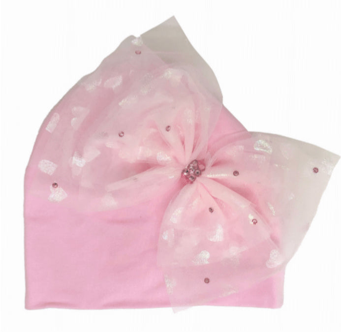 Shimmer Heart Bow Layette Hat