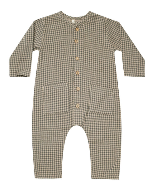 0-3m, 6-12m Quincy Mae POCKETED WOVEN JUMPSUIT || FOREST MICRO PLAID
