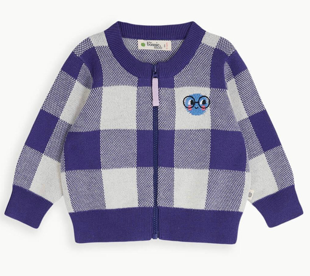 CHECK JAQUARD KNIT CARDIGAN - Blue