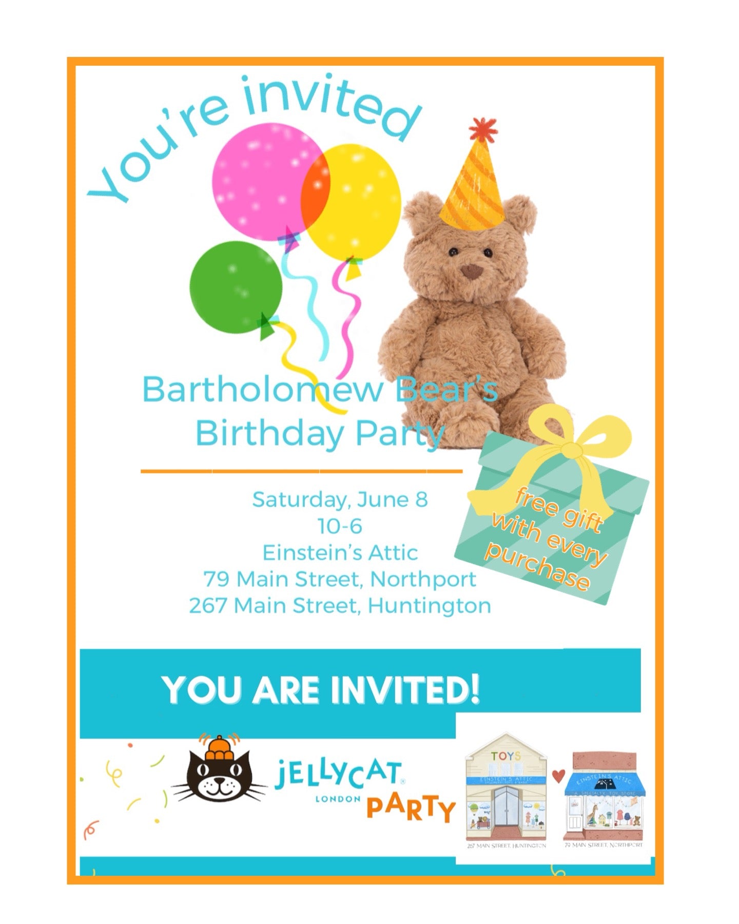 June 8, 2024 Jellycat Bartholomew Bear’s Birthday Party at Einstein’s Attic - 79 Main Street, Northport & 267 Main Street, Huntington