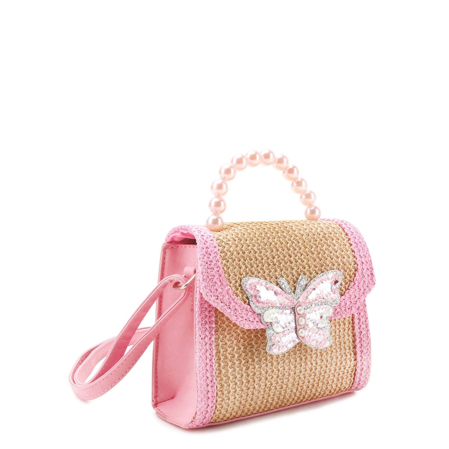 Straw Butterfly Pearl Top Handle Crossbody Bag