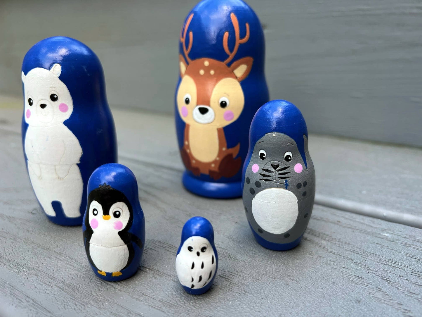 RAIN DEER BEAR OWL Nesting Dolls Set, 5 Pcs/4" ZOO ANIMALS