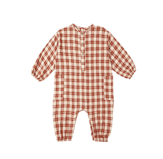RED PLAID RELAXED WOVEN JUMPSUIT ||