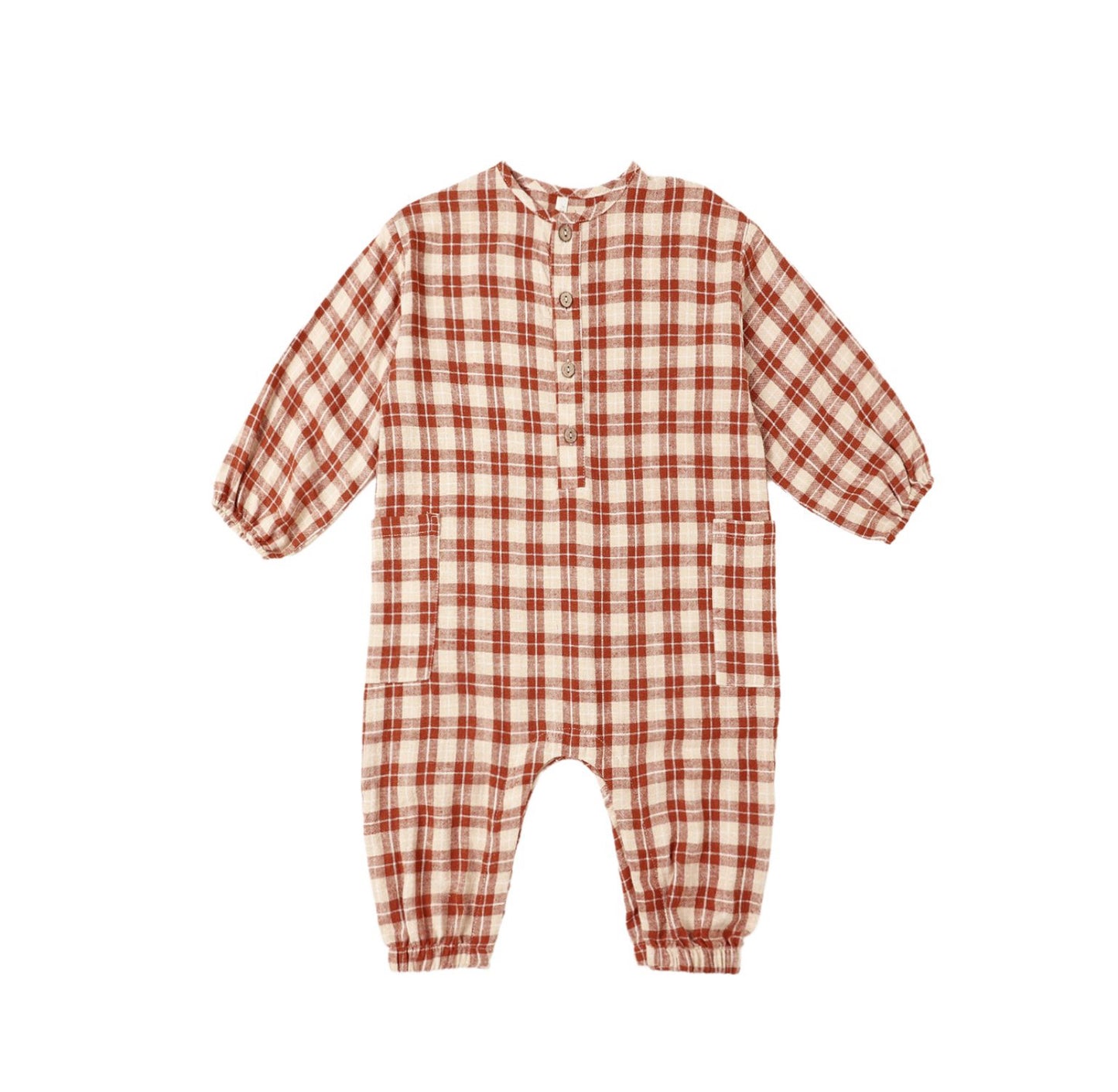 RED PLAID RELAXED WOVEN JUMPSUIT ||
