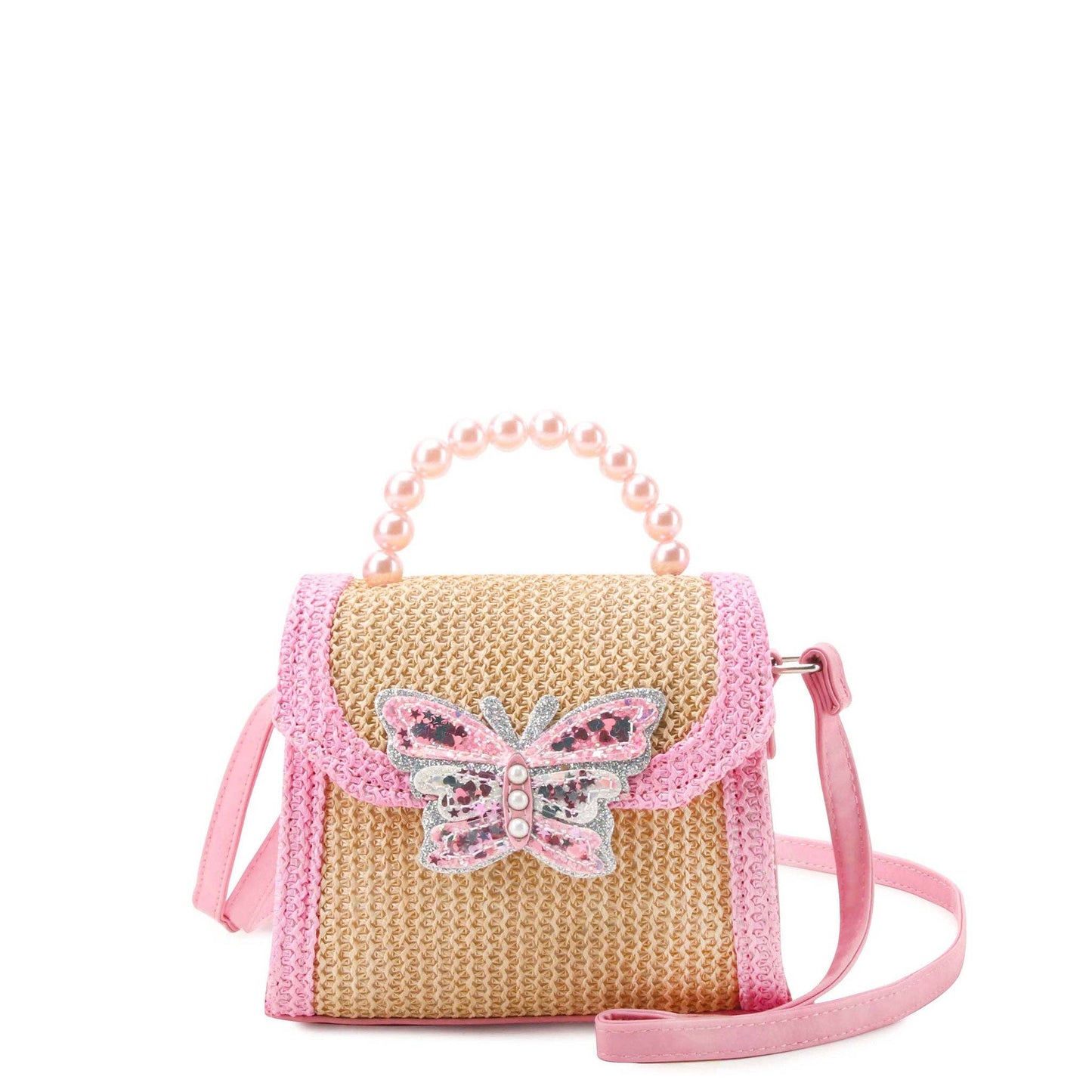 Straw Butterfly Pearl Top Handle Crossbody Bag