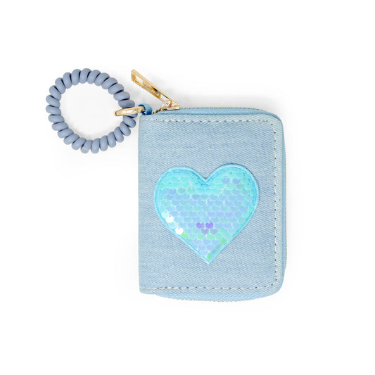 Sequin Heart Spiral Strap Wallet for Kids: Blue (Denim)