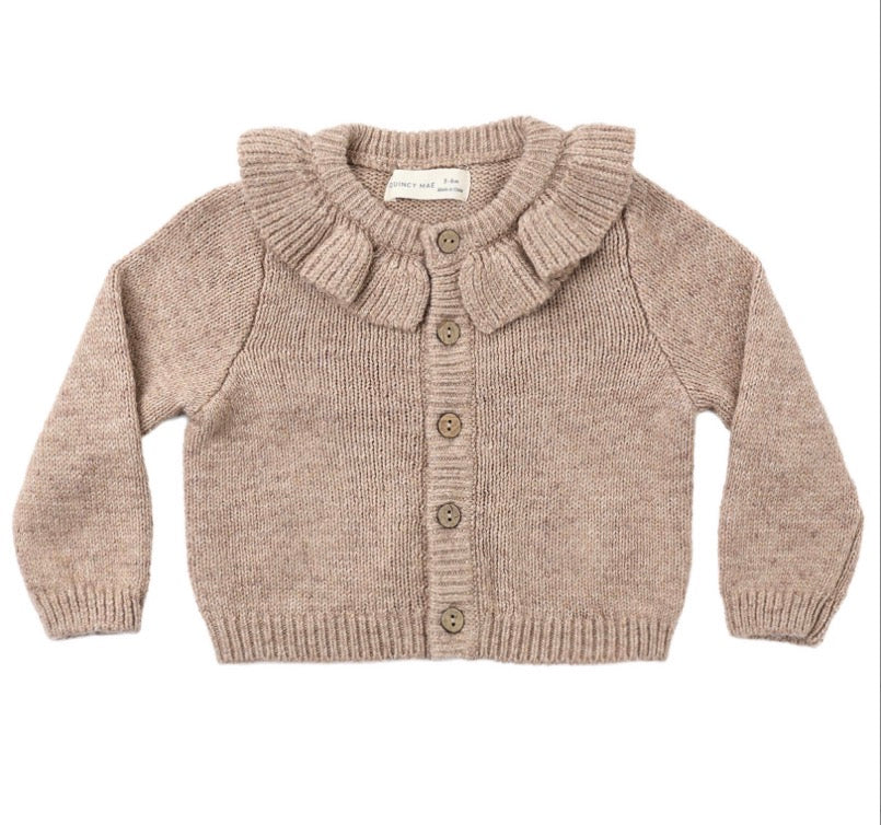 RUFFLE COLLAR CARDIGAN HEATHERED ALMOND