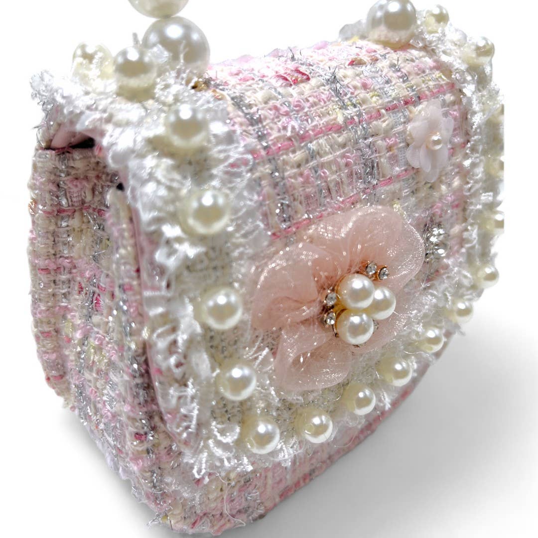 Floral Decor Tweed Purse: Beige
