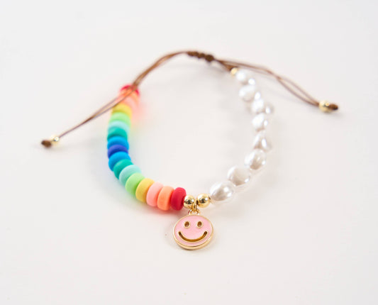 Pearl & Rainbow Beaded Happy Face Bolo Bracelet