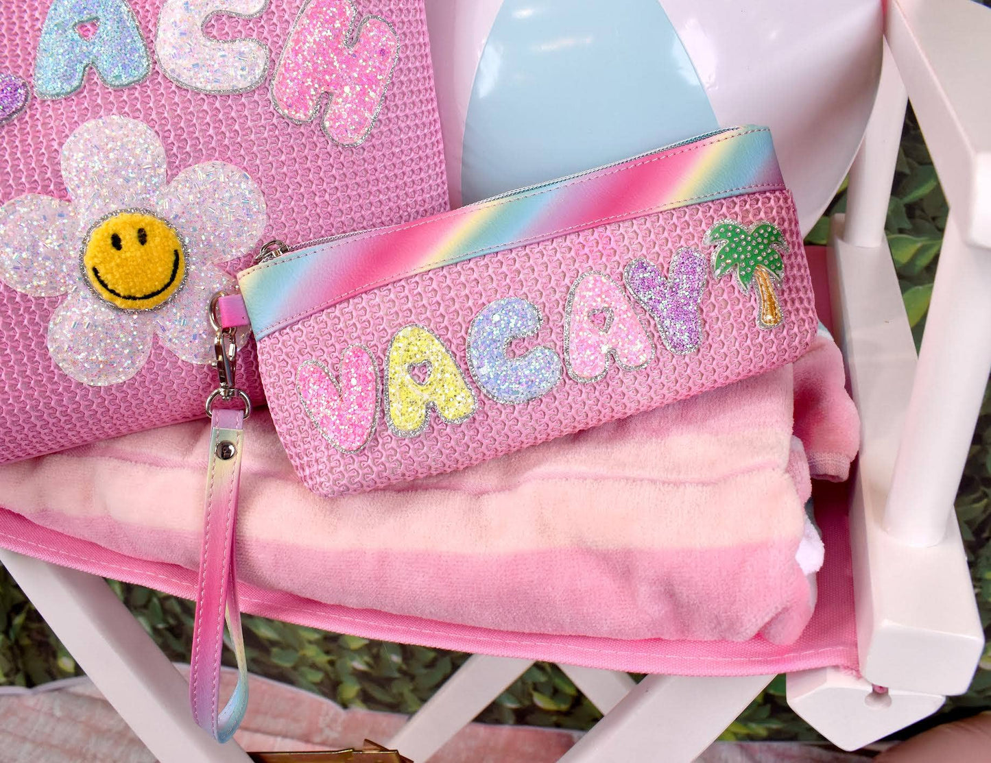 'Vacay' Pink Straw Slim Pencil Pouch Wristlet