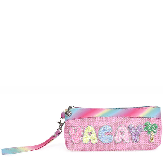 'Vacay' Pink Straw Slim Pencil Pouch Wristlet